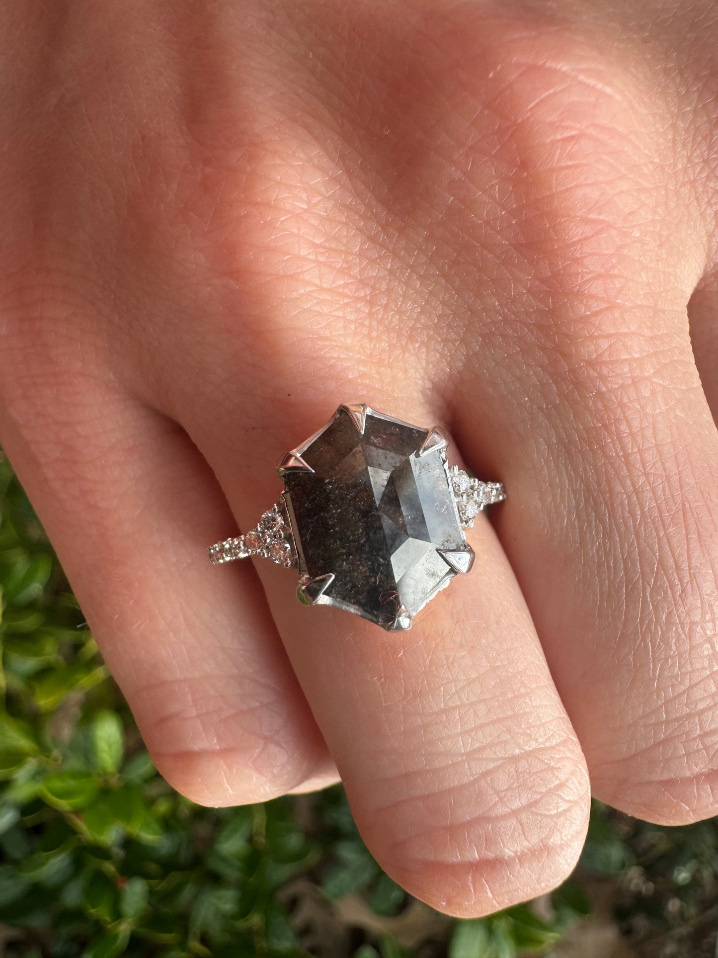 Hexagon Salt and Pepper Diamond Ring