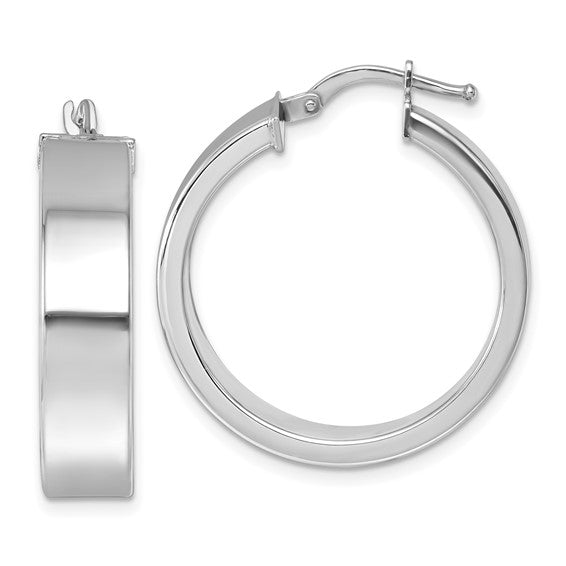 14K White Gold Polished Flat Round Tube Hoop Earrings