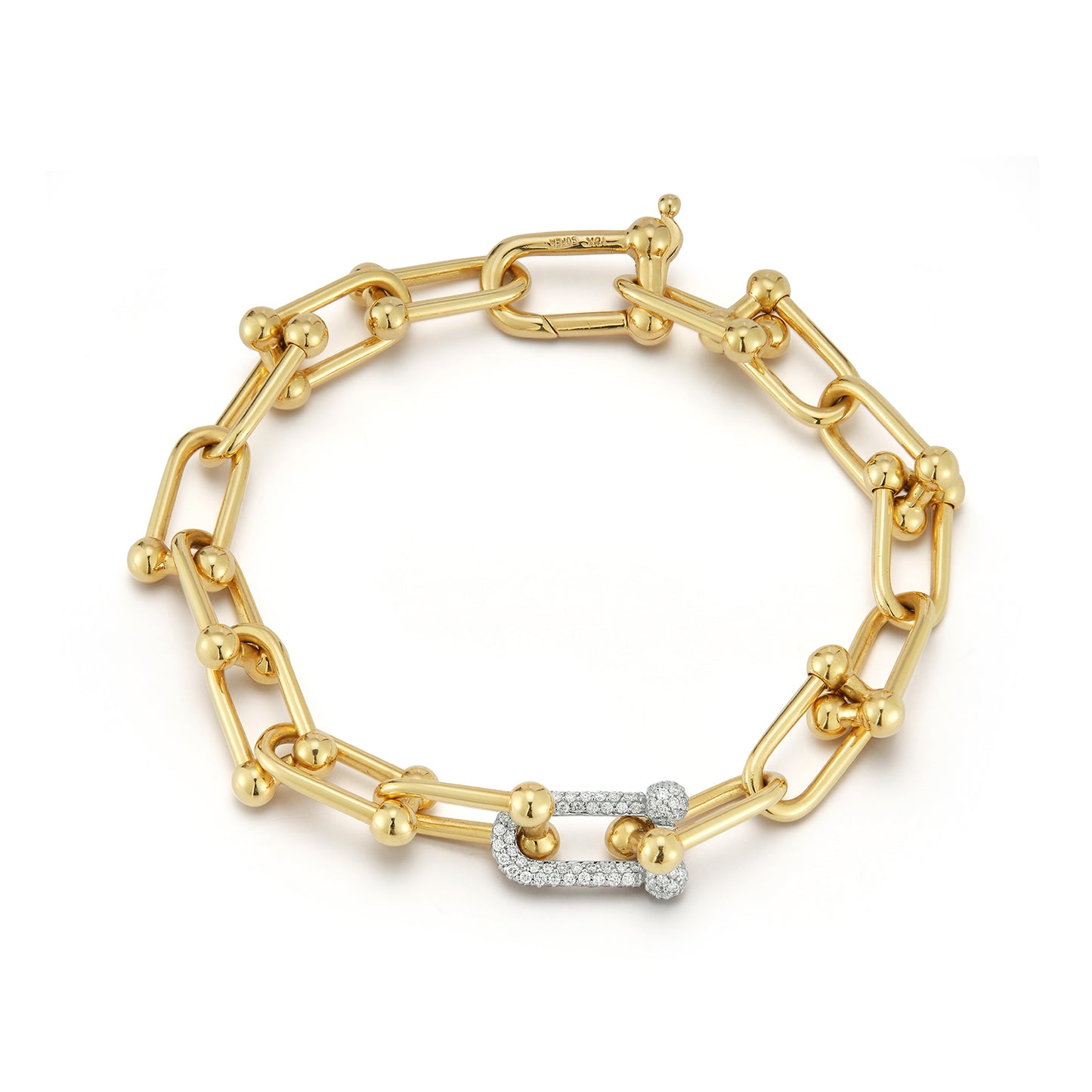 U Shape Solid Gold Link Bracelet With Diamond Section