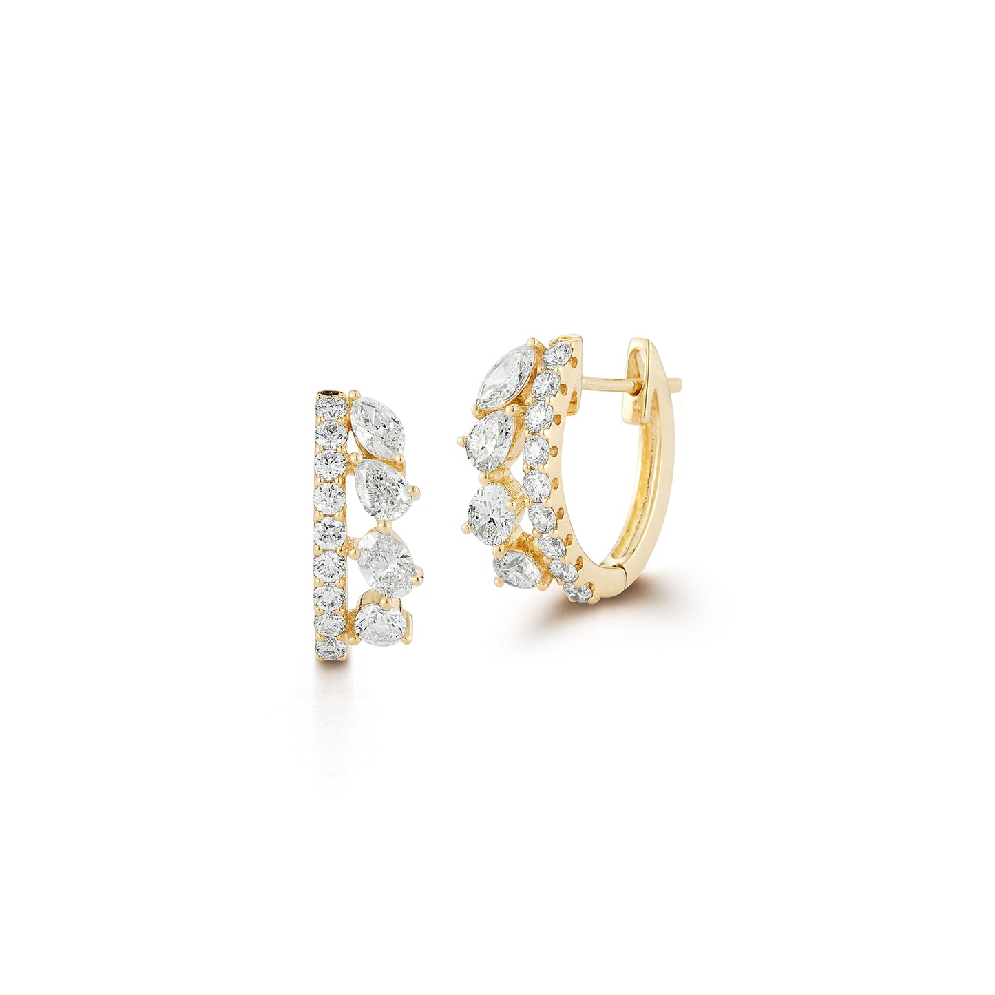 Multi Shape Diamond Row and Pave Diamond Row Huggie Earrings