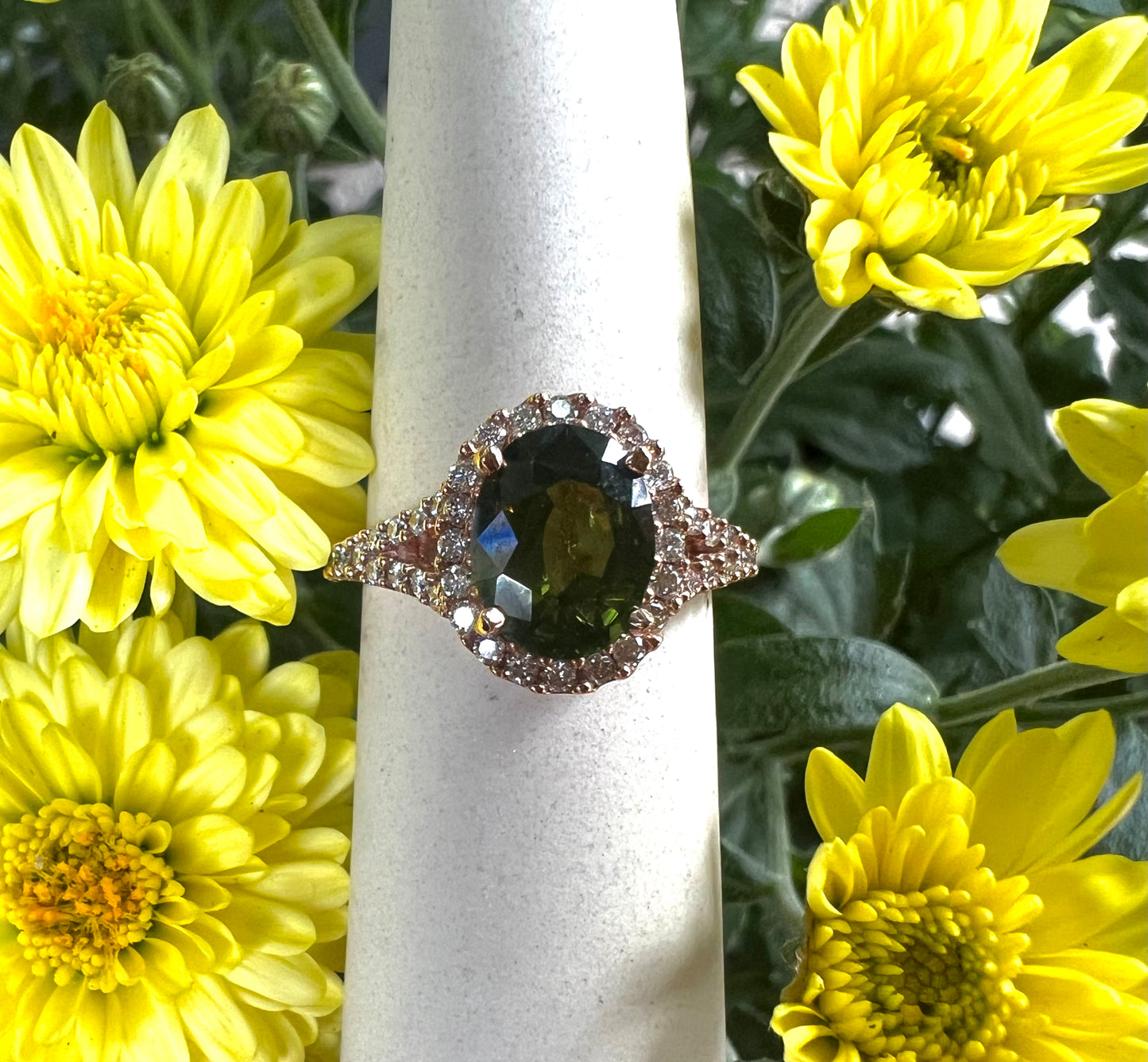 Green Tourmaline Diamond Halo Ring