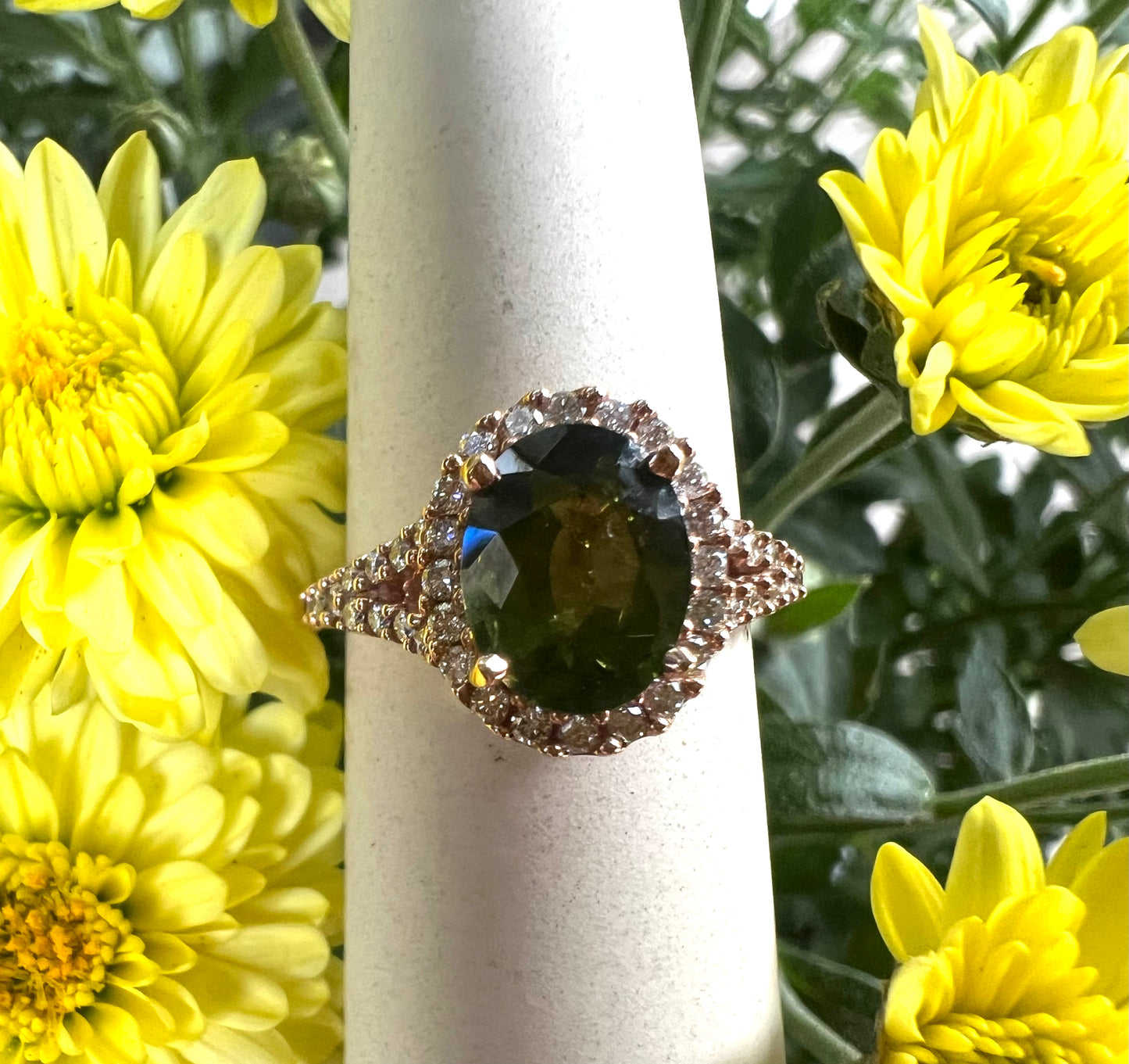 Green Tourmaline Diamond Halo Ring