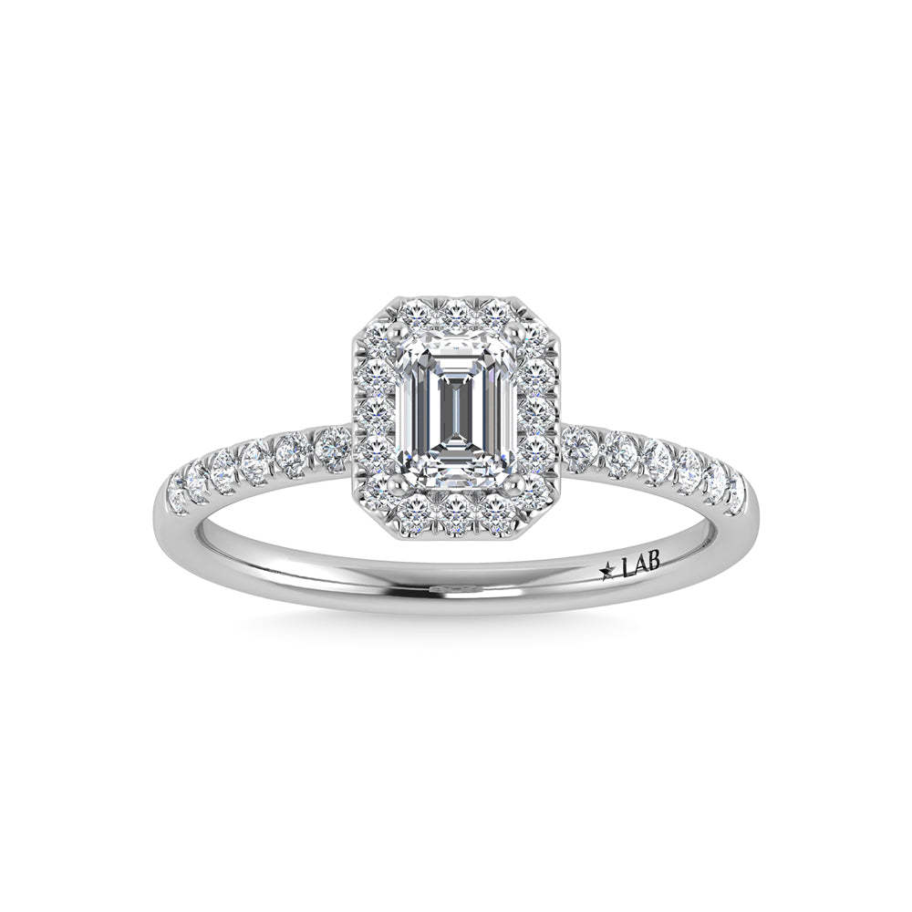 14K White Gold Lab Grown Diamond 1 1/4 Ct.Tw. Shank Emerald Shape Halo Engagement Ring
