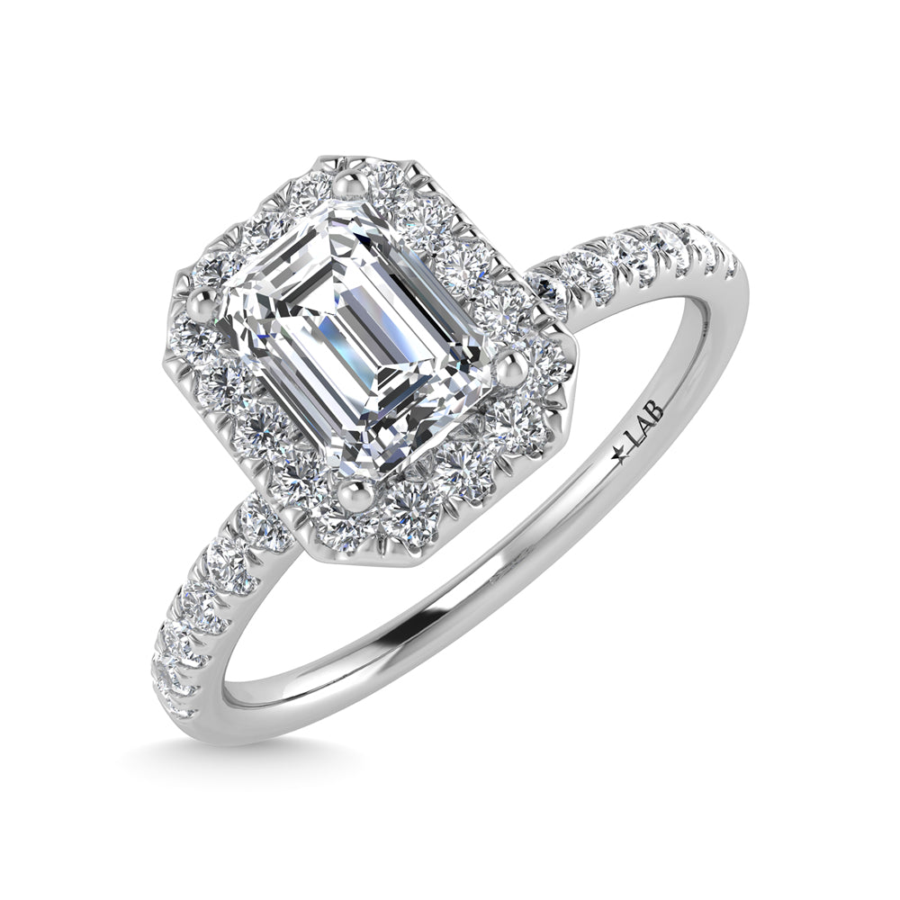 14K White Gold Lab Grown Diamond 1 1/4 Ct.Tw. Shank Emerald Shape Halo Engagement Ring