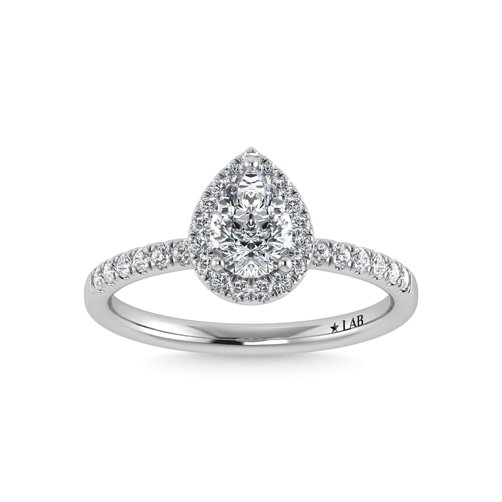 14K White Gold Lab Grown Diamond 3 1/3 Ct.Tw. Shank Pear Shape Halo Engagement Ring