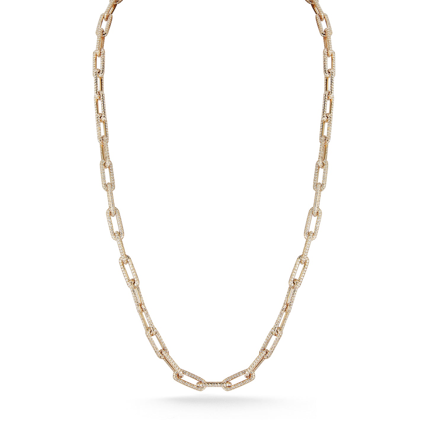 Paperclip Solid Gold Link Necklace with All Diamond Pave Links