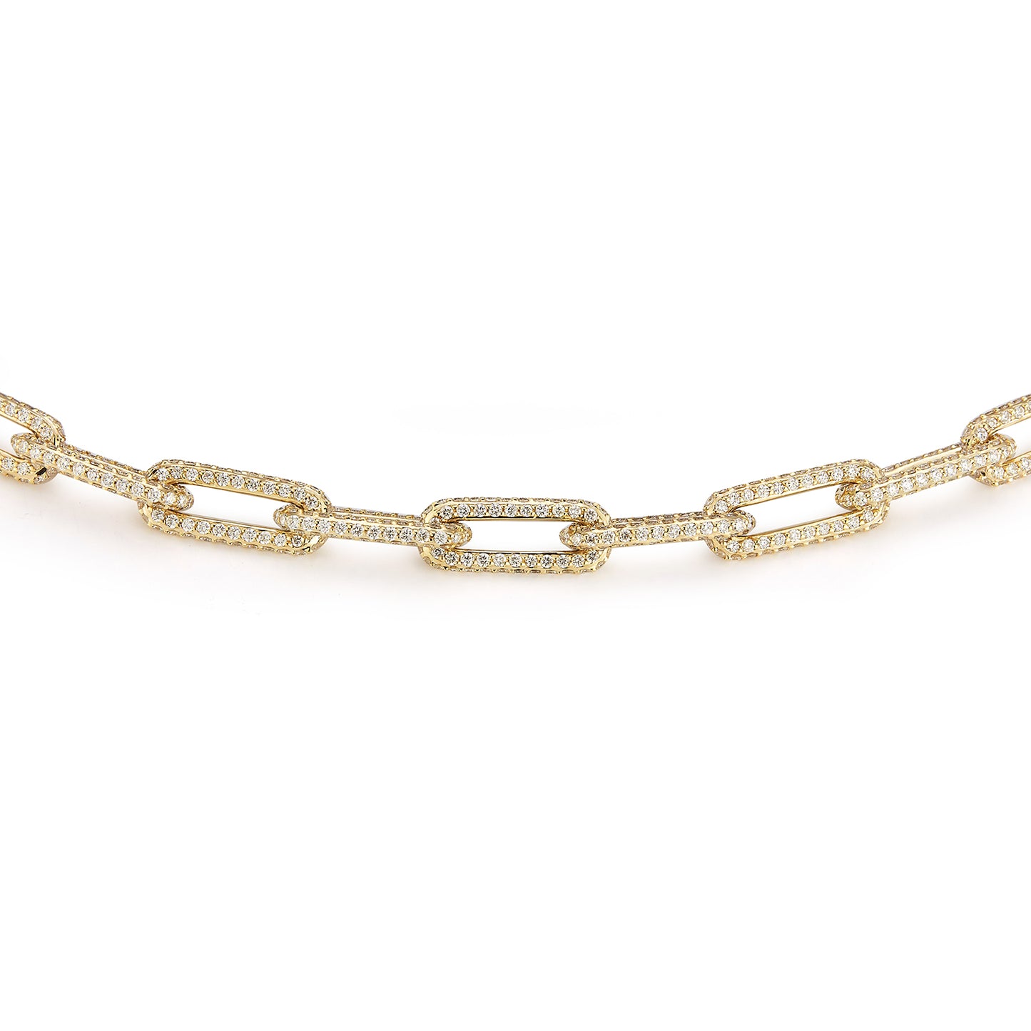 Paperclip Solid Gold Link Necklace with All Diamond Pave Links