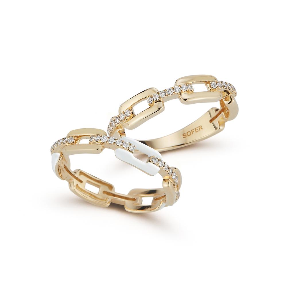 Half Way Around Alternating White Enamel Link Ring with Diamond Bars