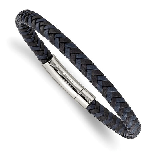 Stainless Steel Polished Black and Blue Braided Leather Bracelet