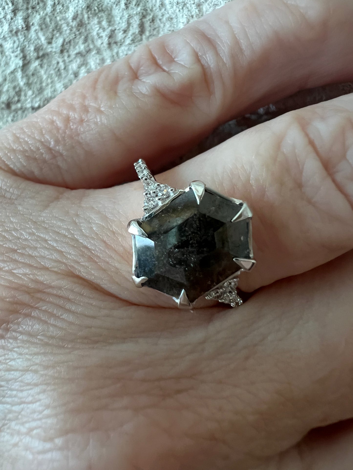 Hexagon Salt and Pepper Diamond Ring