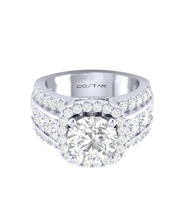 Round Halo Statement Side Diamond Engagement Ring