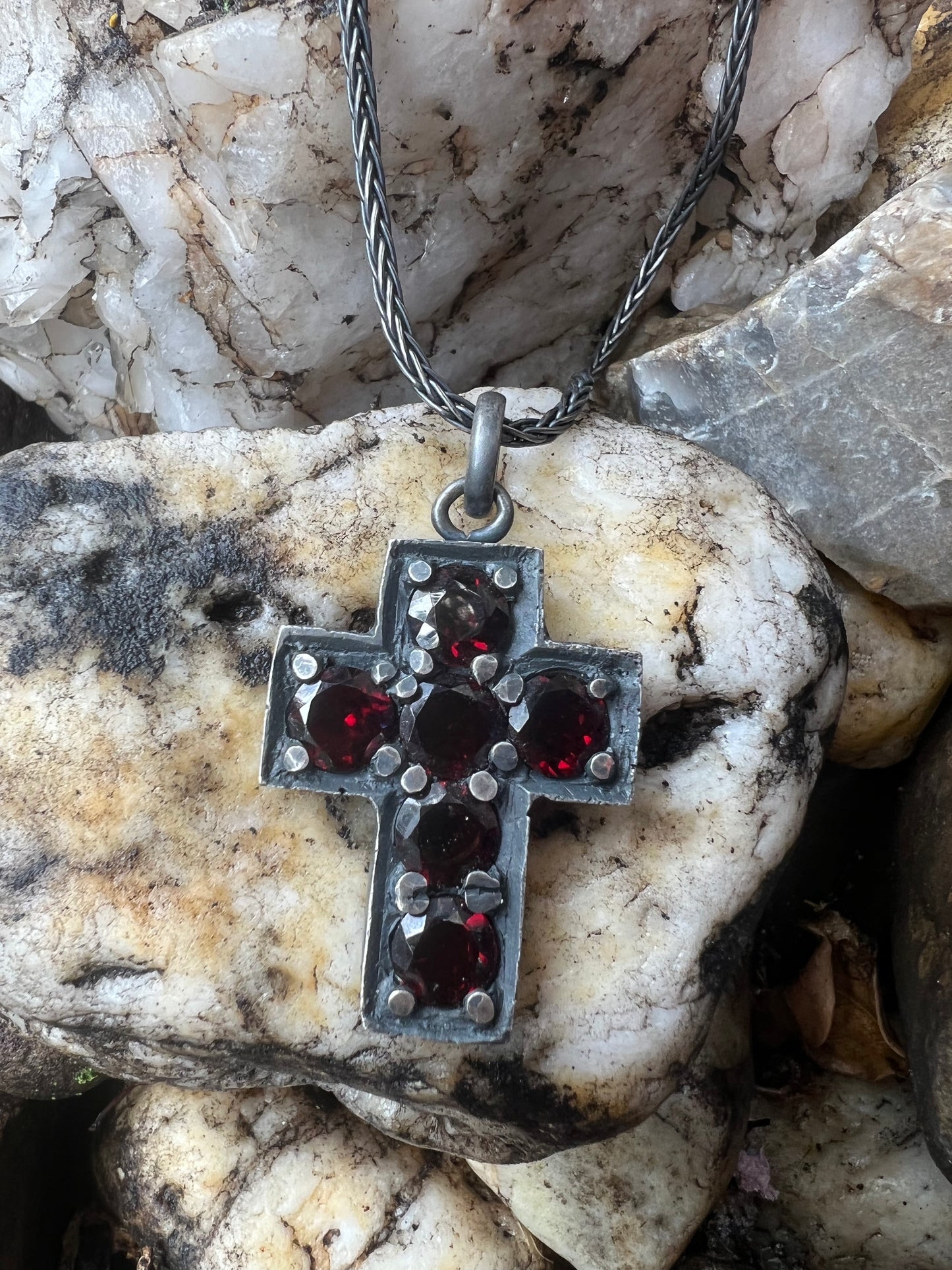EC Black & Gold Red Garnet Cross Necklace
