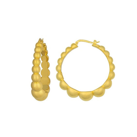 14K Yellow Gold Matte Beaded Graduated Hoop Earrings