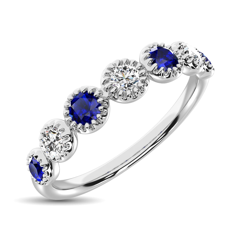 Diamond 1/5 Ct.Tw. And Blue Sapphire Stack Band in 14K White Gold ( 3 Diamond and 4 Blue Sapphire )