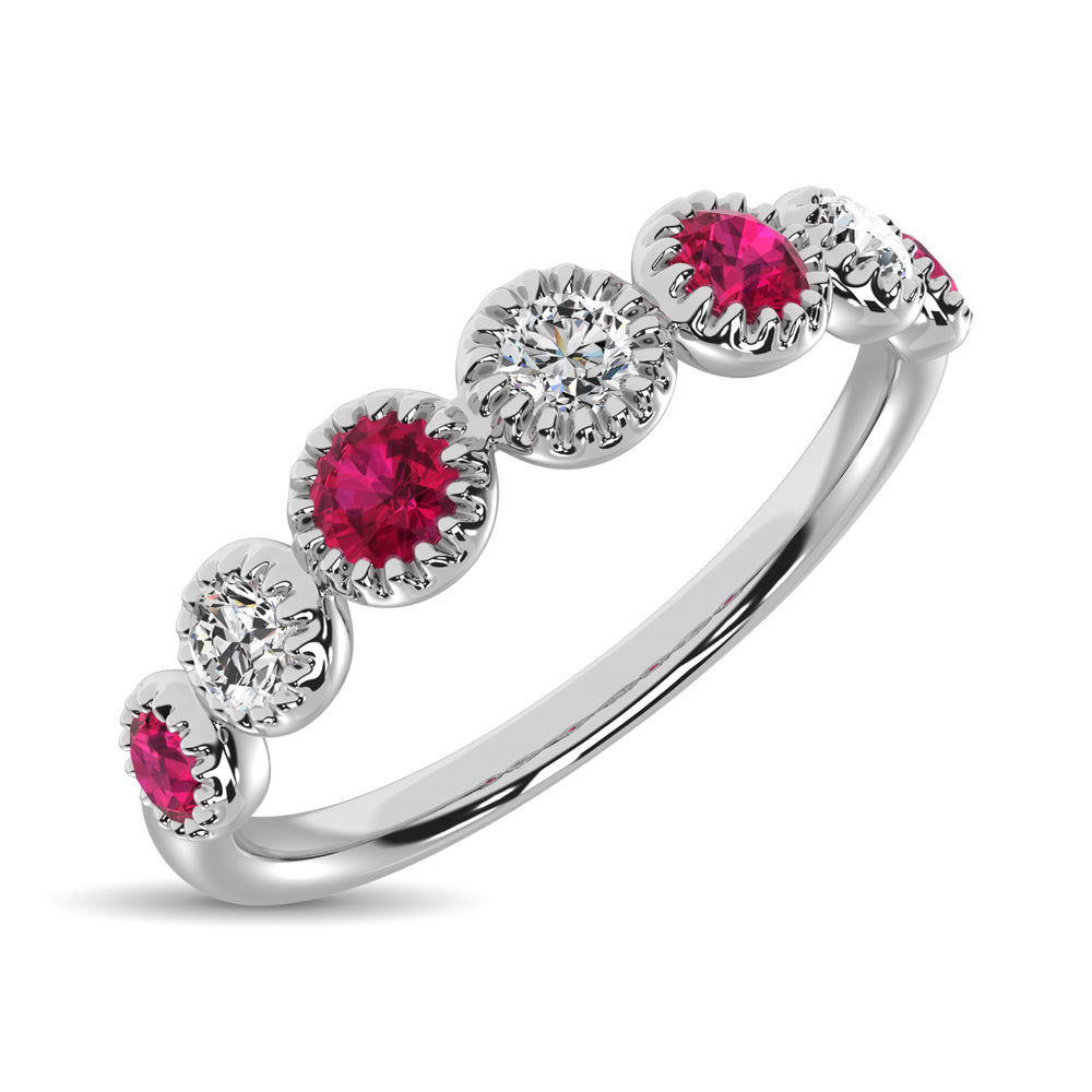 Diamond 1/5 Ct.Tw. And Ruby Stack Band in 14K White Gold ( 3 Diamond and 4 Ruby )