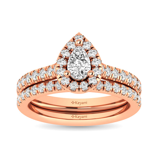 Diamond Classic Shank Single Halo Bridal Ring 1 ct tw Pear Cut in 14K Rose Gold