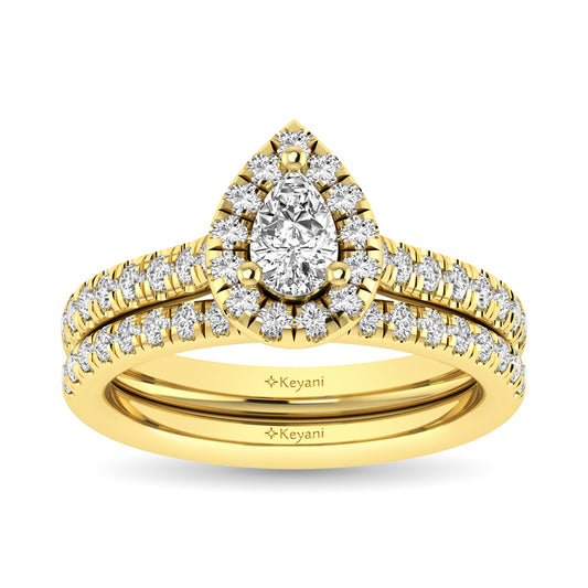 Diamond Classic Shank Single Halo Bridal Ring 1 ct tw Pear Cut in 14K Yellow Gold