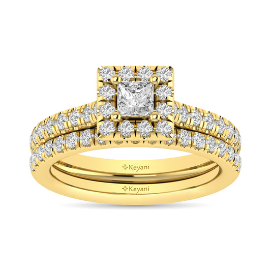 Diamond Classic Shank Single Halo Bridal Ring 1 ct tw Princess Cut in 14K Yellow Gold