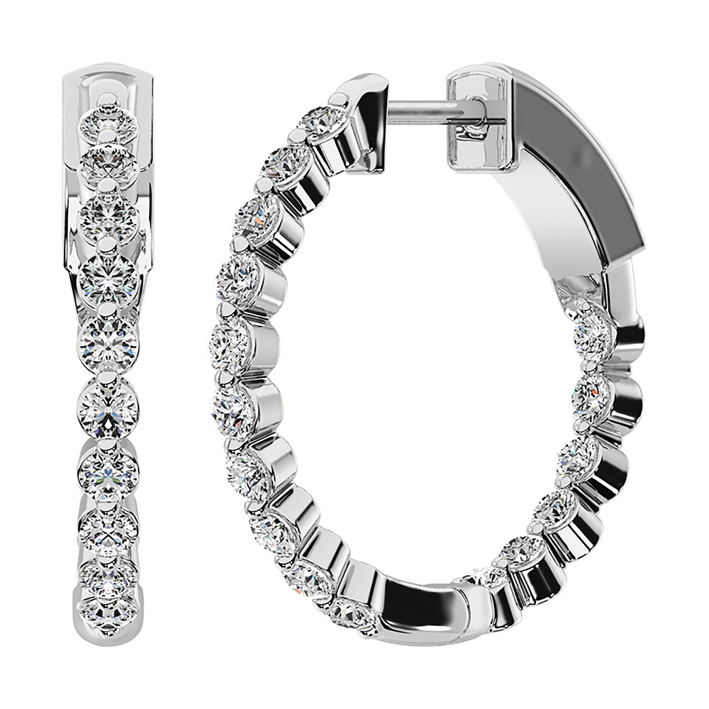 14K White Gold 1 Ct.Tw. Diamond Round Set Hoop Earrings