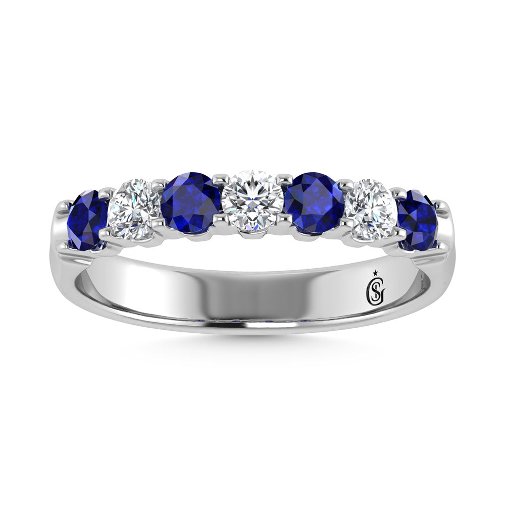 14K White Gold Machine Set Alternate Blue sapphire and Diamond 7/8 Ct.Tw. Band