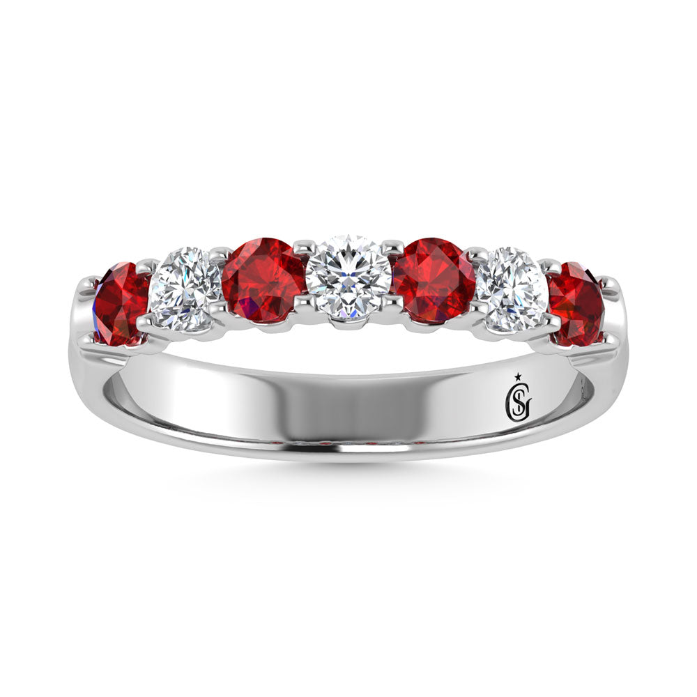 14K White Gold Machine Set Alternate Ruby and Diamond 7/8 Ct.Tw. Band