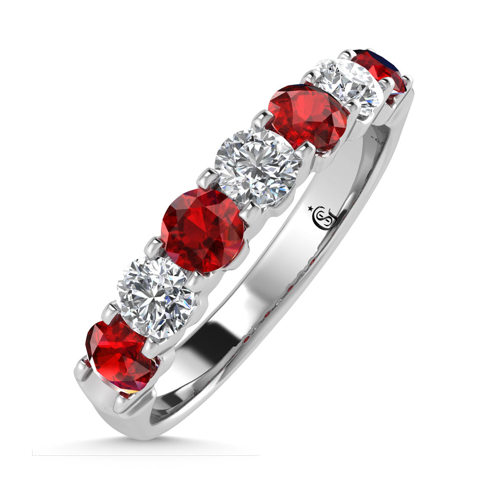 14K White Gold Machine Set Alternate Ruby and Diamond 7/8 Ct.Tw. Band