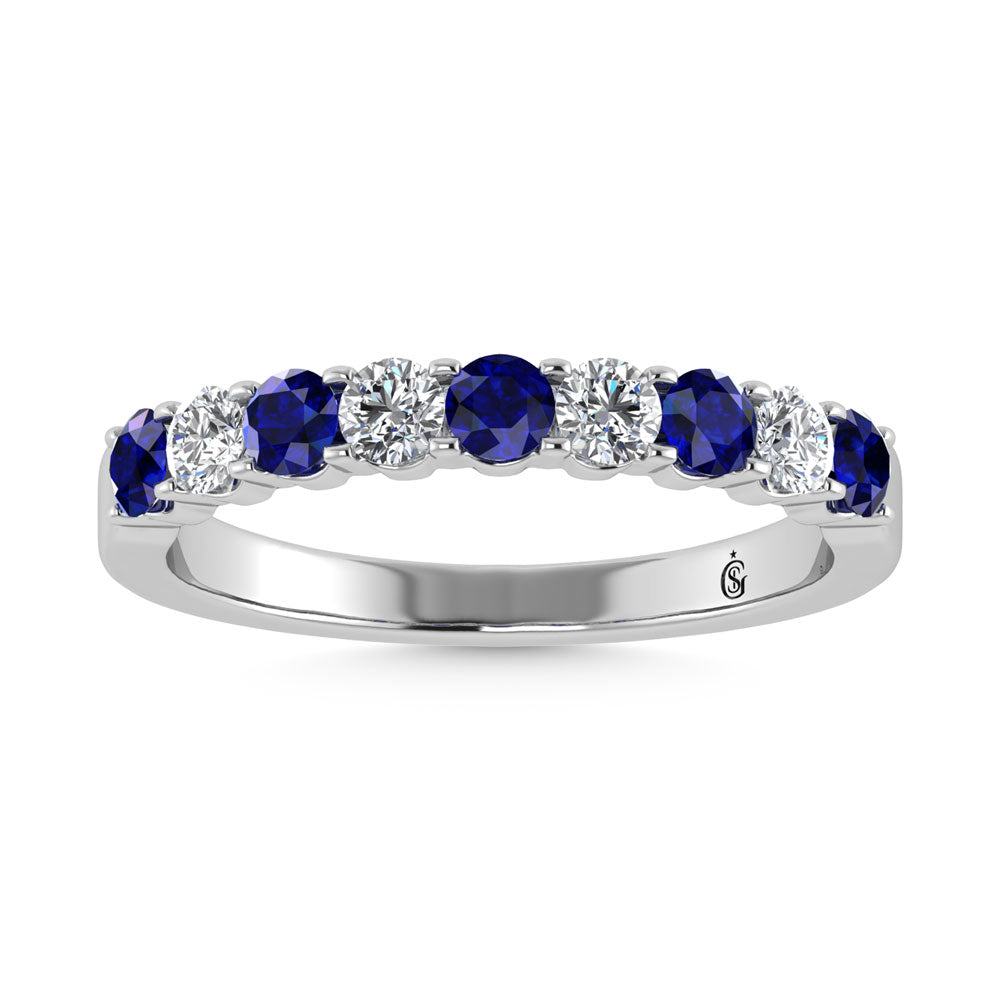 14K White Gold Machine Set Alternate Blue Sapphire and Diamond 7/8 Ct.Tw. Band