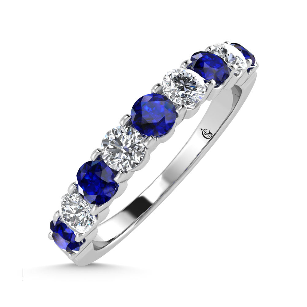 14K White Gold Machine Set Alternate Blue Sapphire and Diamond 7/8 Ct.Tw. Band