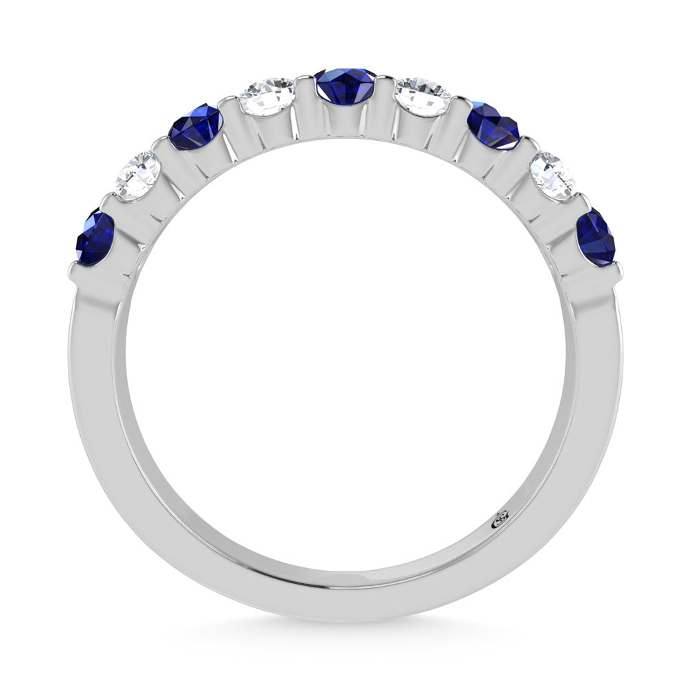 14K White Gold Machine Set Alternate Blue Sapphire and Diamond 7/8 Ct.Tw. Band