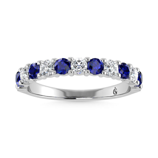 14K White Gold Machine Set Alternate Blue Sapphire and Diamond 5/8 Ct.Tw. Band