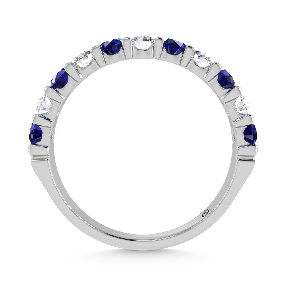 14K White Gold Machine Set Alternate Blue Sapphire and Diamond 7/8 Ct.Tw. Band