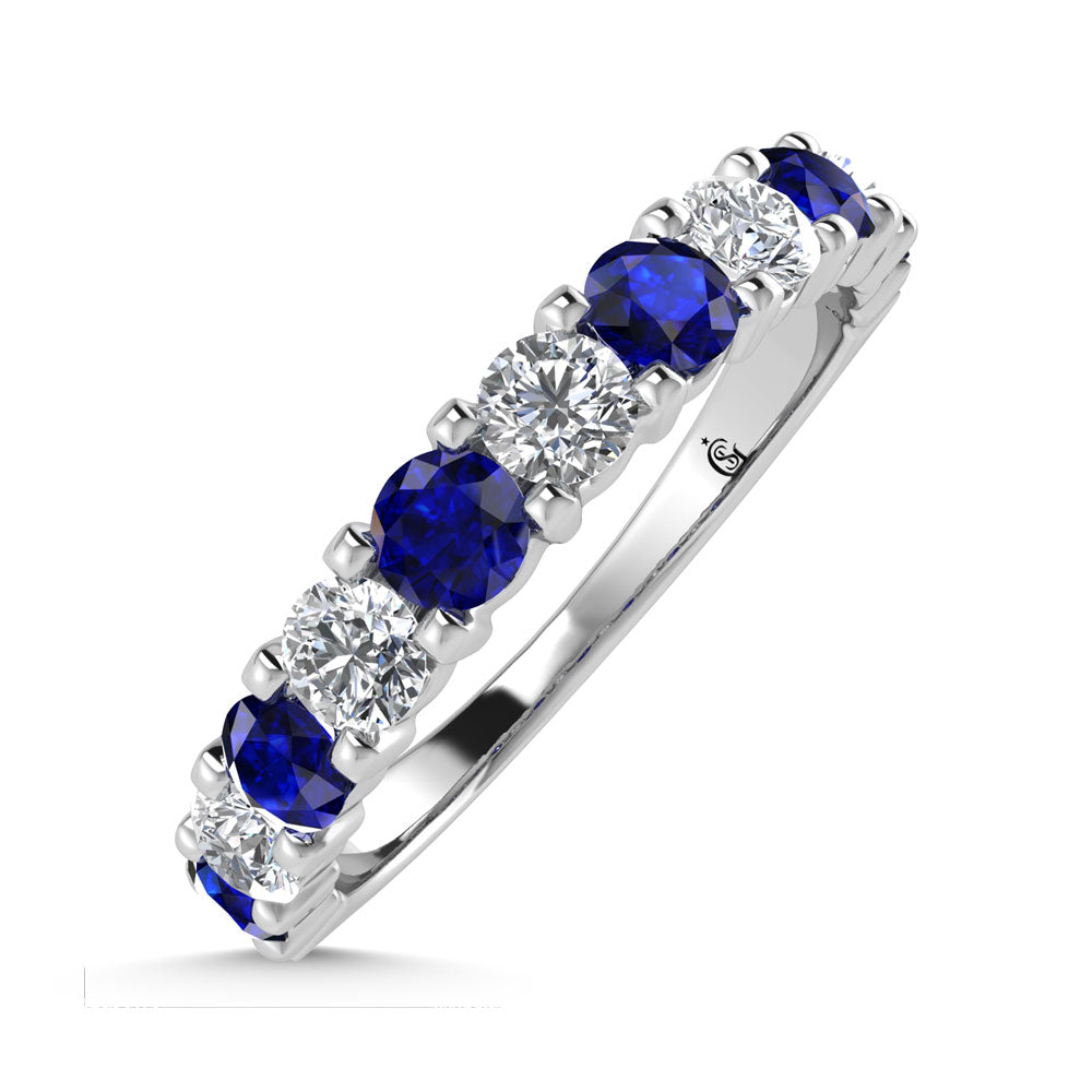 14K White Gold Machine Set Alternate Blue Sapphire and Diamond 7/8 Ct.Tw. Band