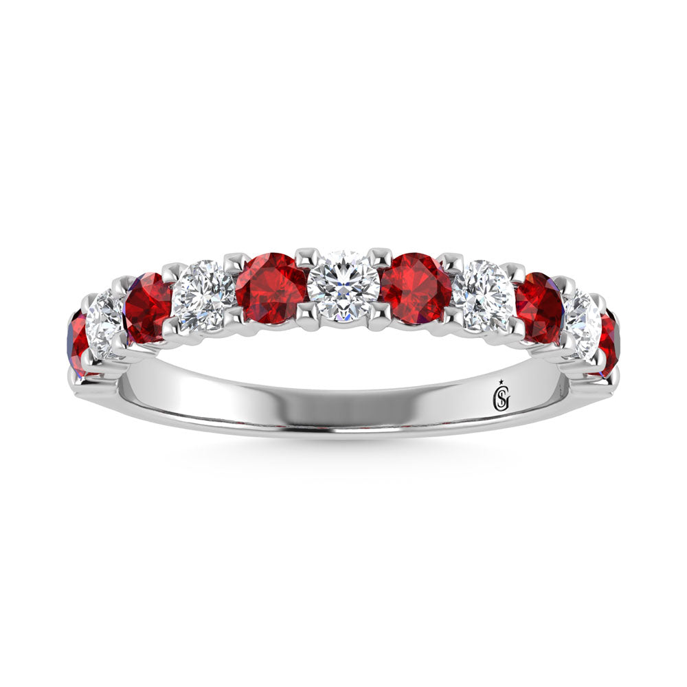 14K White Gold Machine Set Alternate Ruby and Diamond 7/8 Ct.Tw. Band