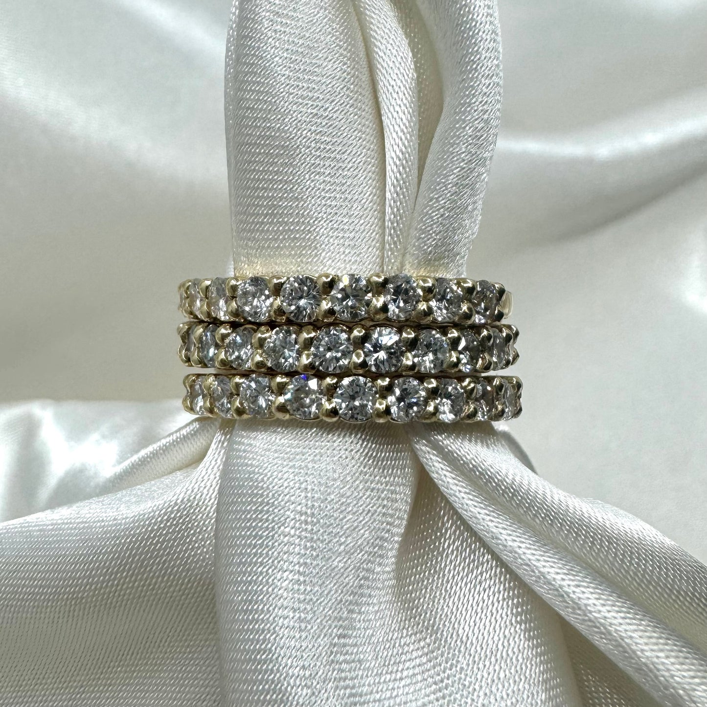 Round Diamond Double Shared Prong Yellow Gold Anniversary Band