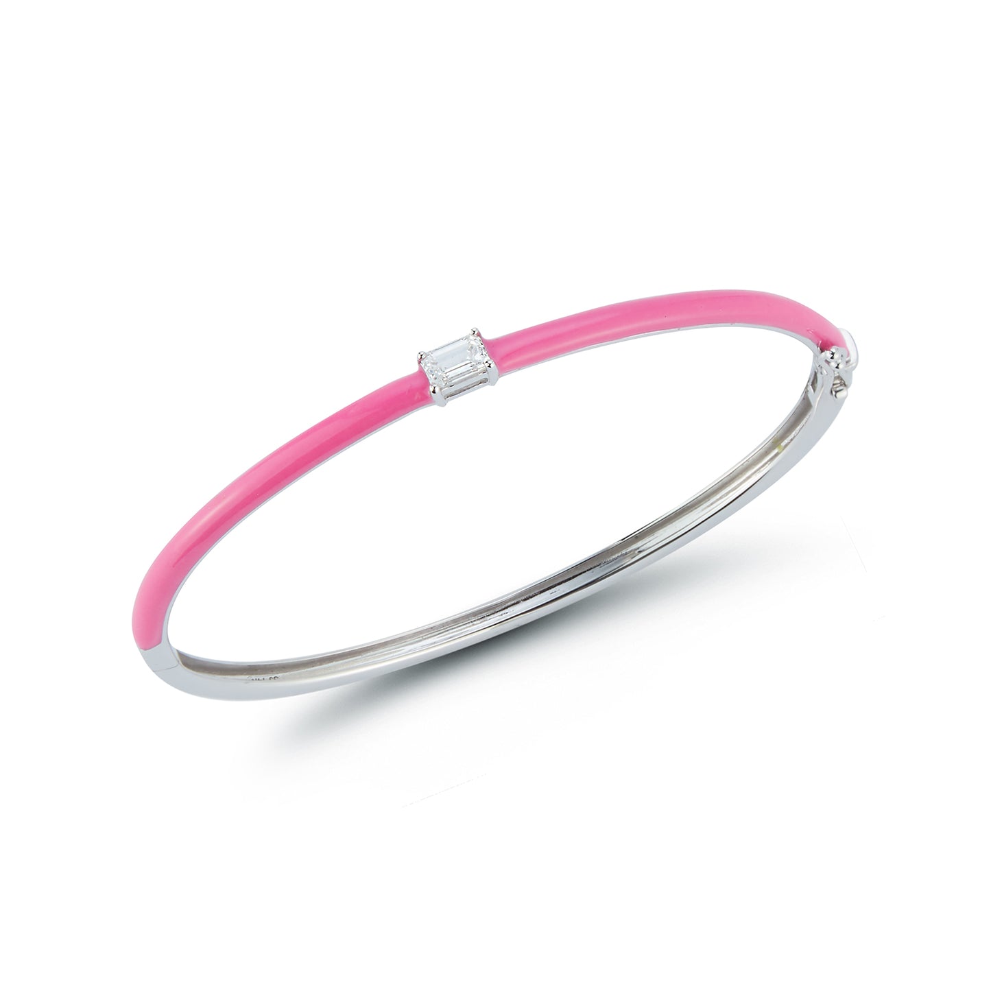 Pink Enamel Half Way Bangle with Center Emerald Diamond