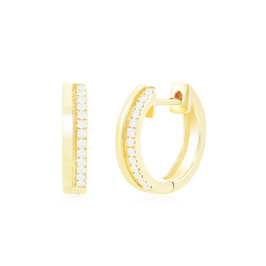 2 Row Pave Diamonds and Polished Gold Huggie Earrings