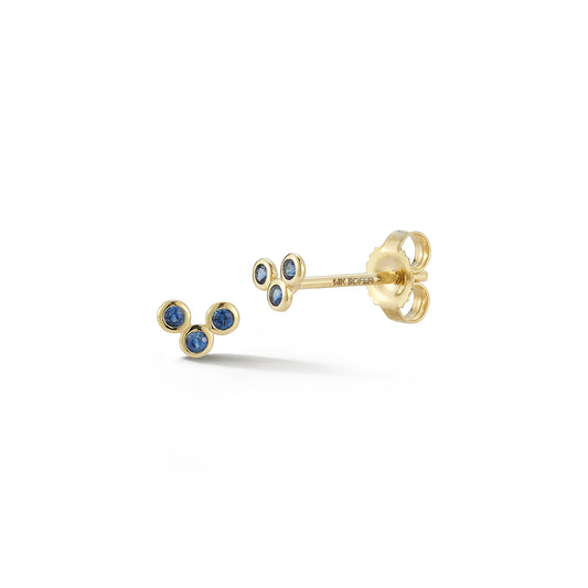 3 Blue Sapphire Cluster Bezel Stud Earrings