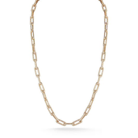 Paperclip Solid Gold Link Necklace with All Diamond Pave Links