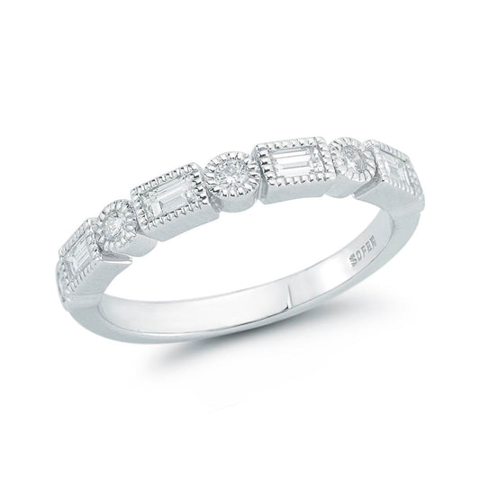 Alternating Round and Baguette Diamonds with Milgrain Border Ring