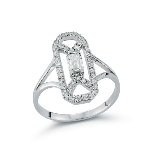 Elongated Diamond Ring with Emerald Diamond Center