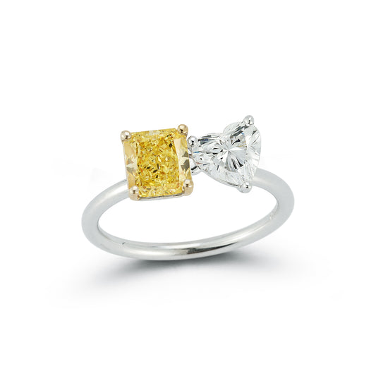 Yellow Radiant Diamond and Heart Diamond 2 Stone Ring