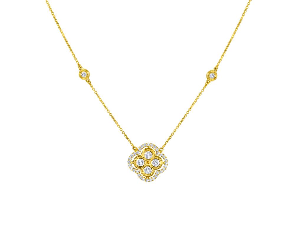 Diamond Milgrain Bezel Cluster with Diamond Border  Necklace