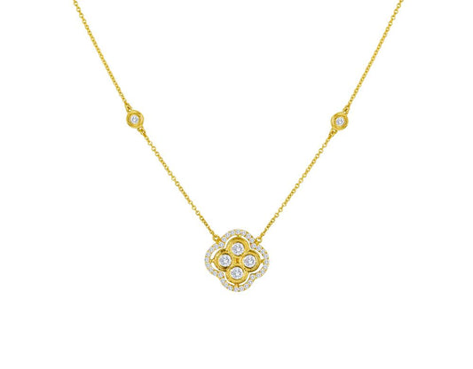 Diamond Milgrain Bezel Cluster with Diamond Border  Necklace