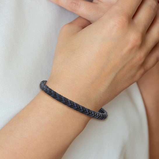 Stainless Steel Polished Black and Blue Braided Leather Bracelet