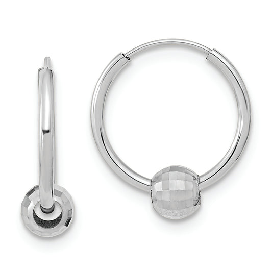 14K White Gold Polished Hoop with a Diamond Cut Ball Earrings