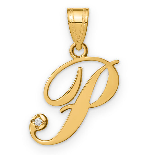 14KY Script Letter P Initial Pendant with Diamond